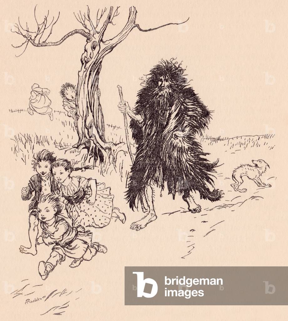 Chiunque l'abbia visto, e' scappato. Illustrazione di Arthur Rackham da Fiaba Bearskin di Grimm.