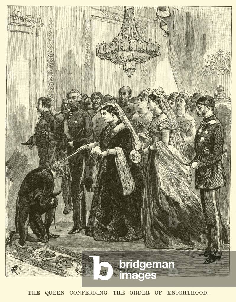 The Queen conferring the order of Knighthood (engraving)