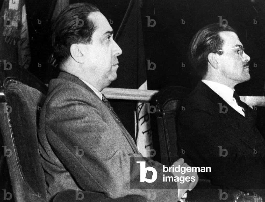 Edmond Michelet e Jacques Baumel in conferenza stampa per il R.P.F al Palais d'Orsay, 29 marzo 1949 (foto b/n)