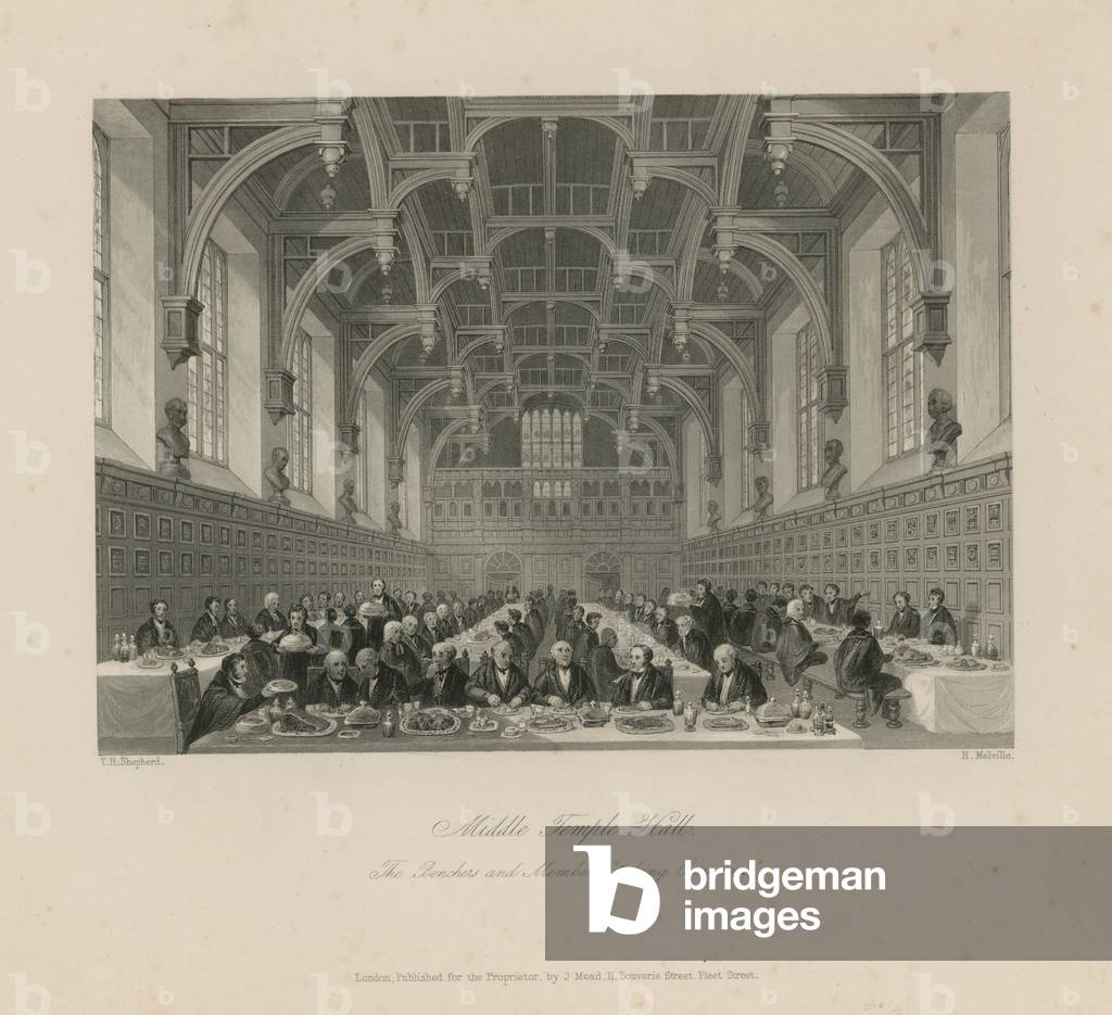 Benches and Members 'taking commons' in Middle Temple Hall (engraving)