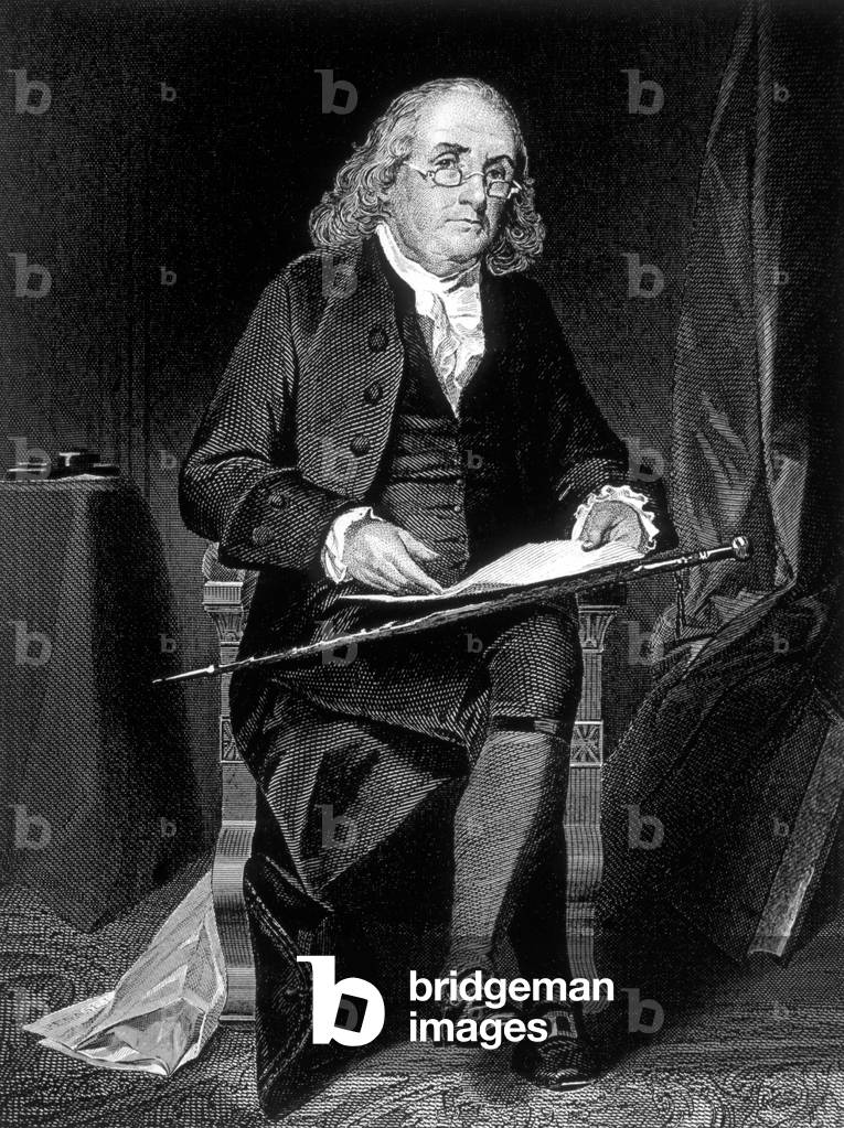 "Benjamin Franklin", 1878 di American School, b/w