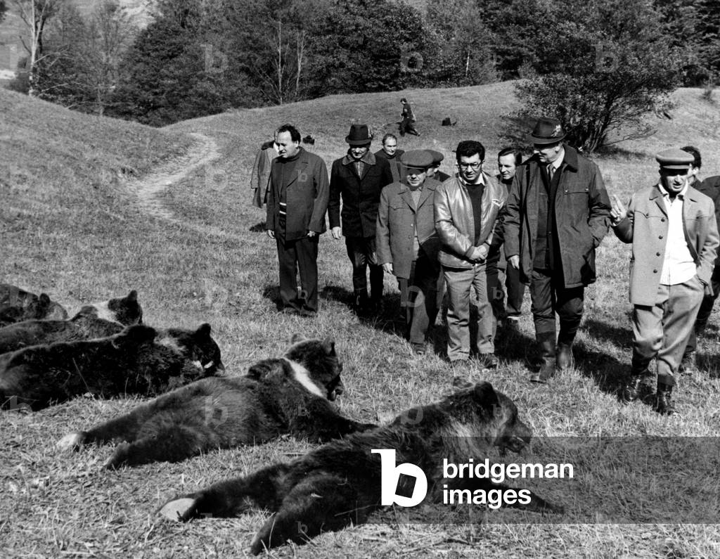 Poland, Edward Gierek and Nicolae Ceausescu (rght) after bear hunting in Carpatha Romania in 1976. 