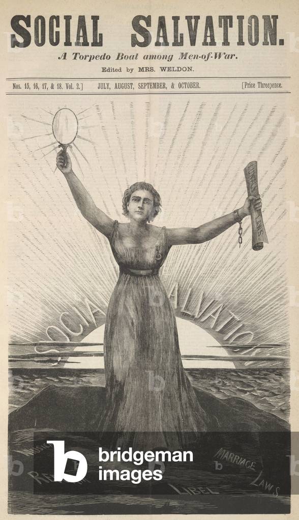 Figura di una donna che regge uno specchio e un documento dal titolo «leggi folli».