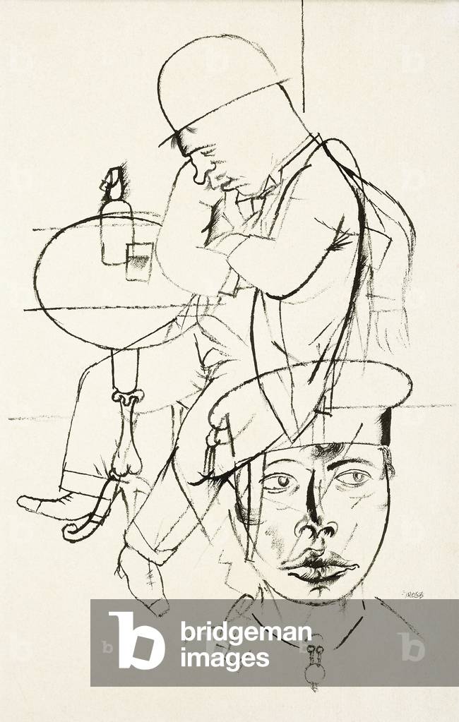 Arruolato, (penna e inchiostro nero su carta rosa)