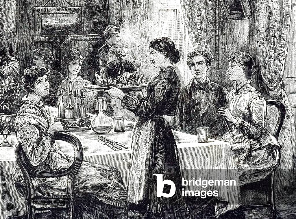 Eine Gravur zeigt das Dienstmädchen, das den Weihnachtspudding hereinbringt. Illustriert von Davidson Knowles 