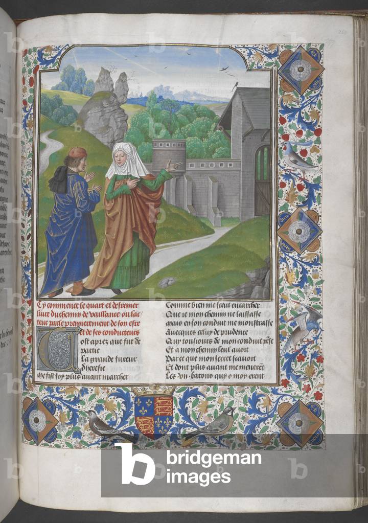 Miniatur des Autors, Jean de Courcy, in einen Garten von Charity geführt. Eine vollständige Grenze mit den Arm