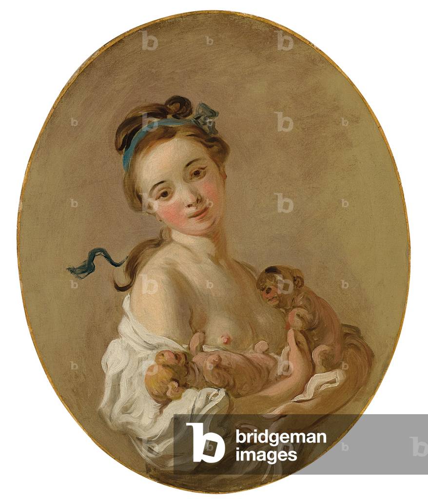 Bild von Gemälde "junges mädchen halten zwei Welpen", c.1770 von Jean-Honore Fragonard, b/w