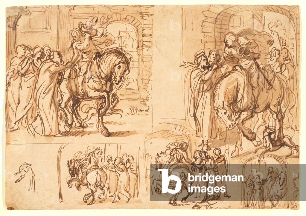 Kompositionsstudien zu „Die Abreise des verlorenen Sohnes“, 17. Jahrhundert (Stift und braune Tinte und braune