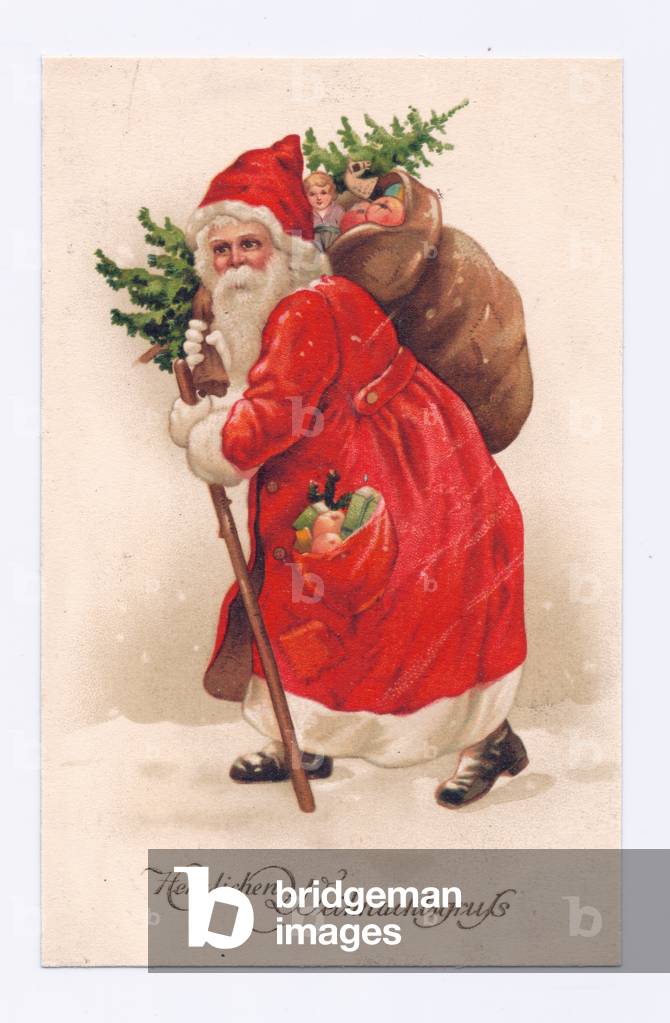 "Cartolina edoardiana di Babbo Natale che porta un albero di Natale e sacco di giocattoli sulla spalla" 1910 d
