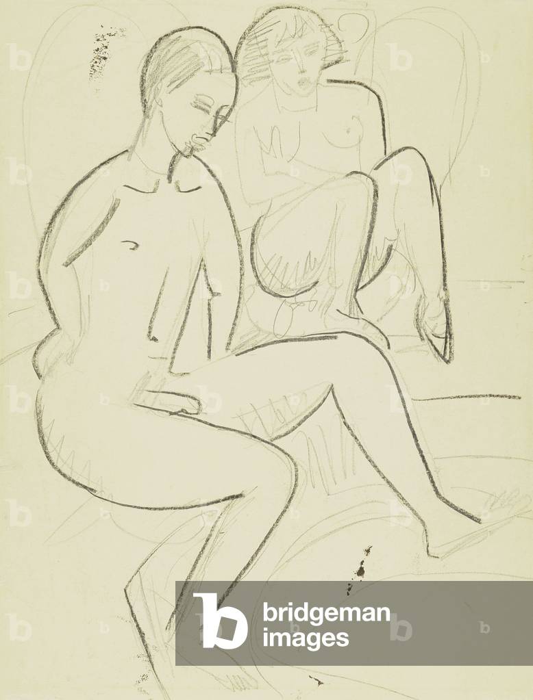 giovani coppia in il bagno verso Junges Paar beim Bad (verso), c. 1923-1925 (nero cera pastello e carbone su c