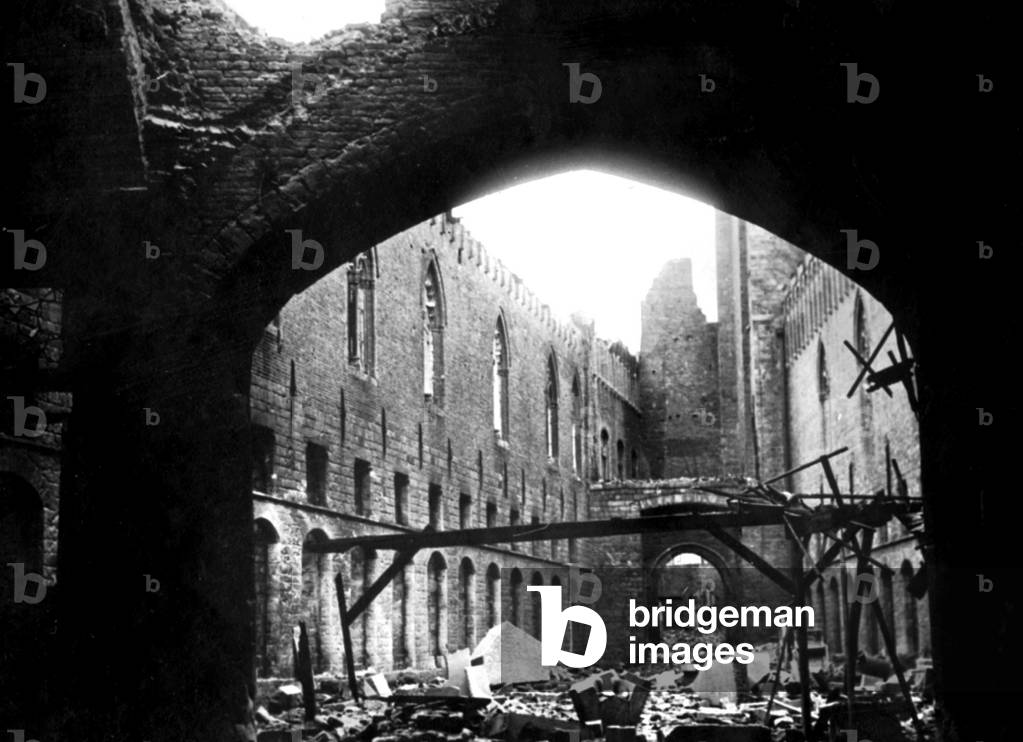 Ruins of the historic market halls of Ypres, Belgium, after the bombings November 24, 1914