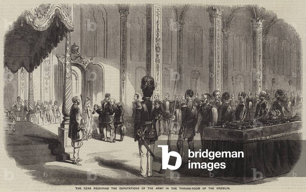 Der Zar, der die Deputationen der Armee im Thronsaal des Kremls empfängt (Gravur)