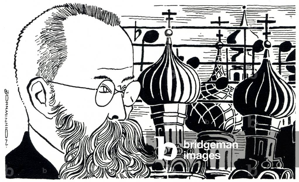 Ritratto di Rimsky Korsakov (sfondo Russia delle cupole della chiesa) Compositore russo (1844-1908)