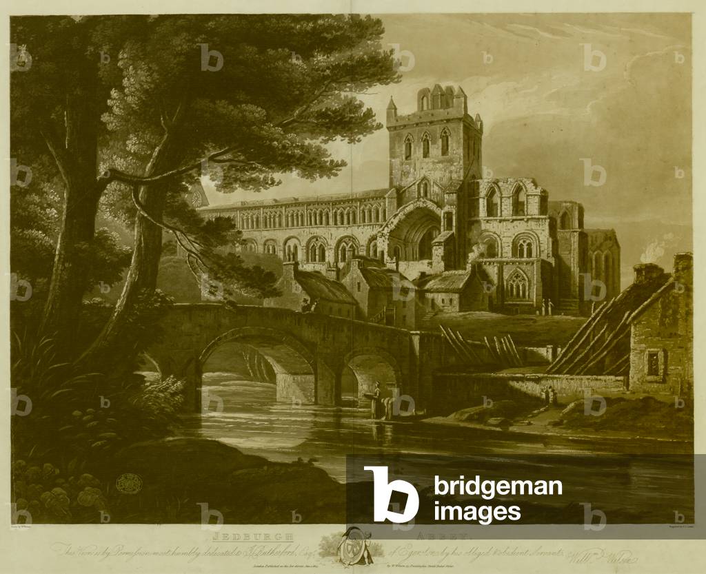 Jed Acqua in primo piano; un ponte nel mezzo terra; Jedburgh Abbey al centro; alberi in tutta la scena