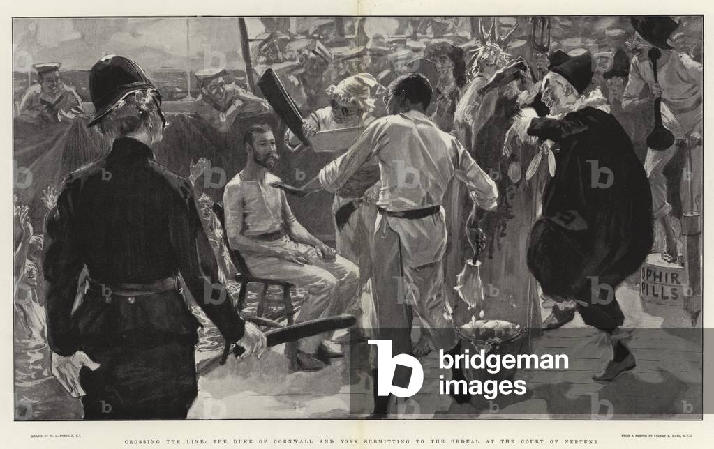 Crossing the Line, der Herzog von Cornwall und York unterbreitet die Tordeal am Hof von Neptun (litho)