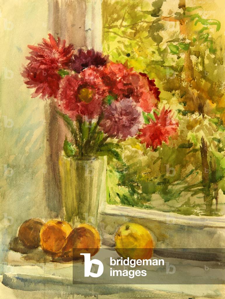 Blumen am Fenster, mit Äpfeln und Birnen, 1972 (w/c auf Papier)