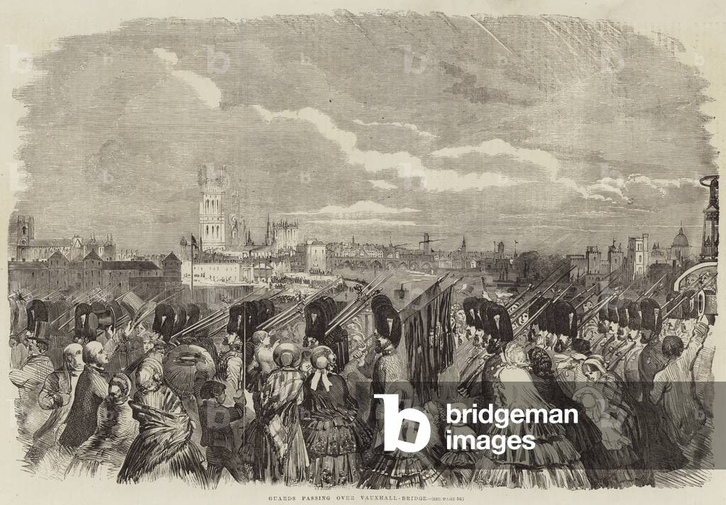 "Guardie che passano sopra Vauxhall-Bridge (incisione)" di English School, b/w