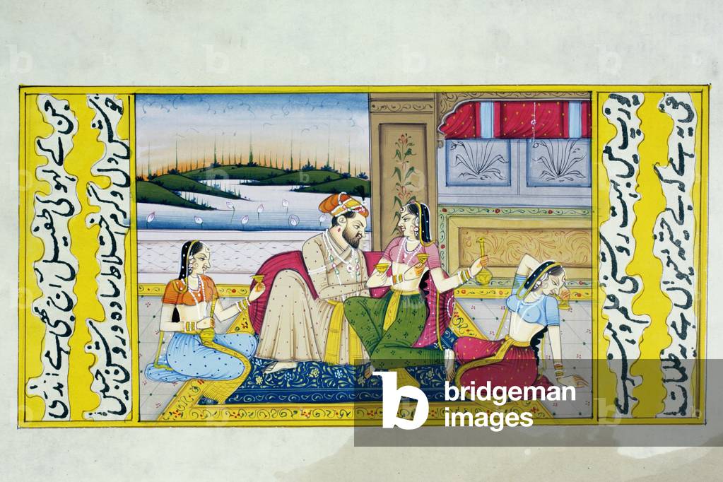 Rajasthani-Mann mit drei Frauen, 19. Jahrhundert (Miniatur)