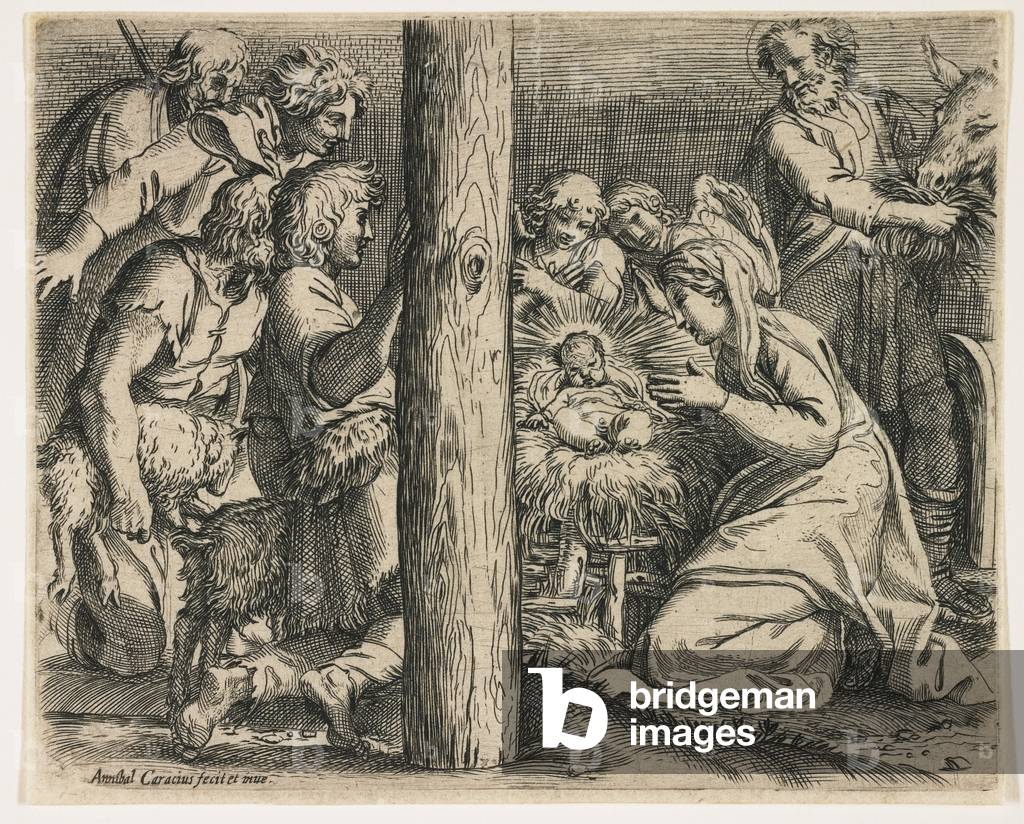 Immagine di Incisione "l'adorazione dei pastori", c.1606 di Annibale Carracci, b/w