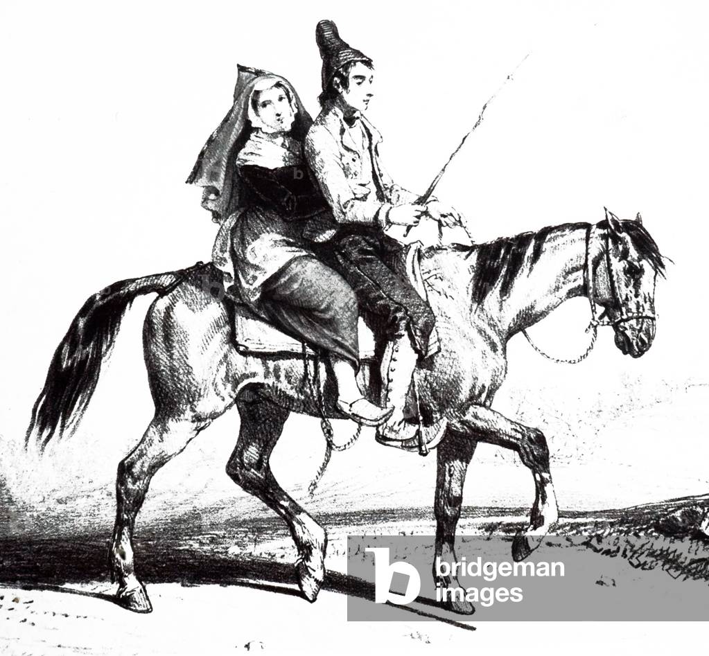 An engraving depicting a peasant girl riding pillion