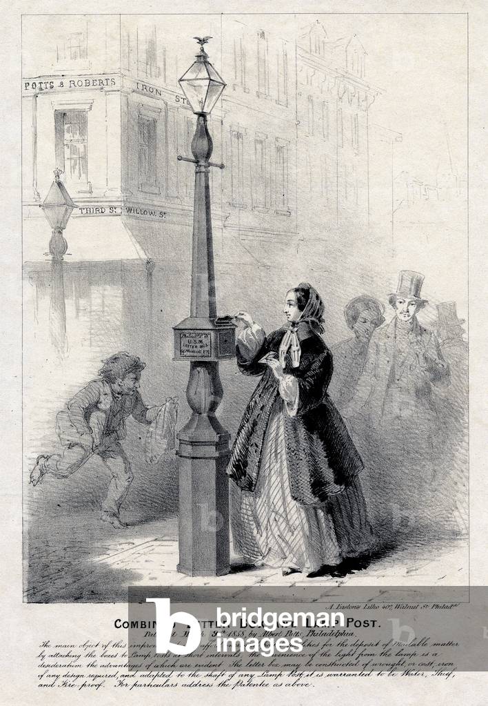 Combinato scatola di lettere e lampione, stampato da Alexander Easton, 1858 (lito)