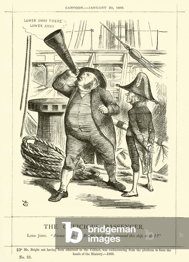 Pugno cartone animato riguardante John Bright: The Officious Passenger, 20 gennaio 1866 (incisione)