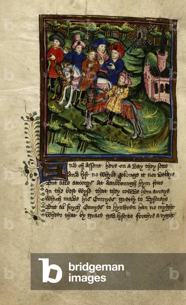 "Il giovane Edmund e i nobili vanno verso Bury St Edmunds. Testo che inizia con decorato iniziale «A»"