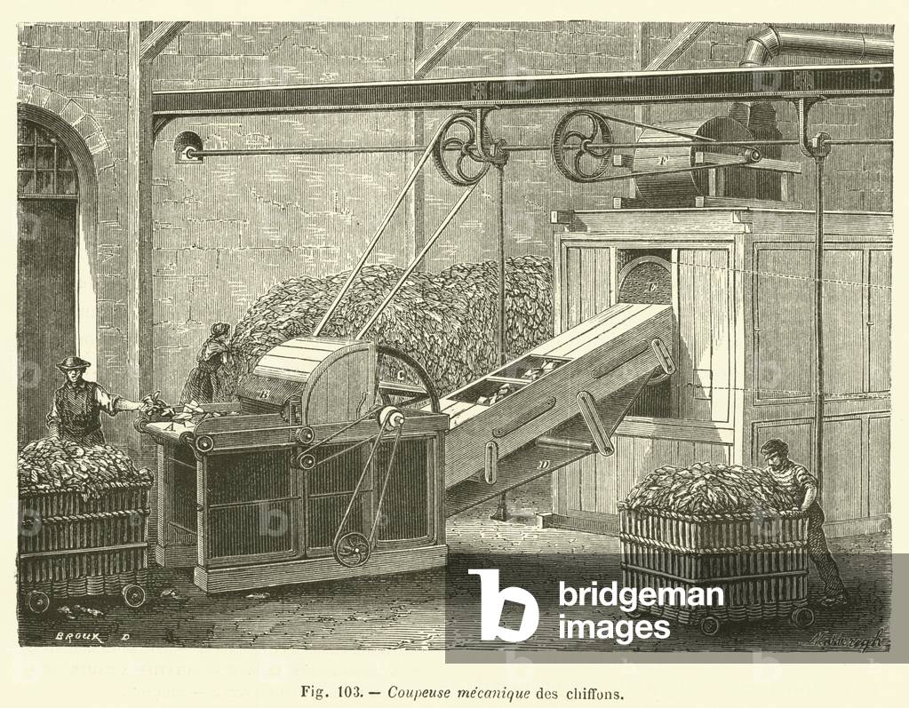 "Coupeuse mecanique des chiffons (incisione)" 1801 di French School, b/w