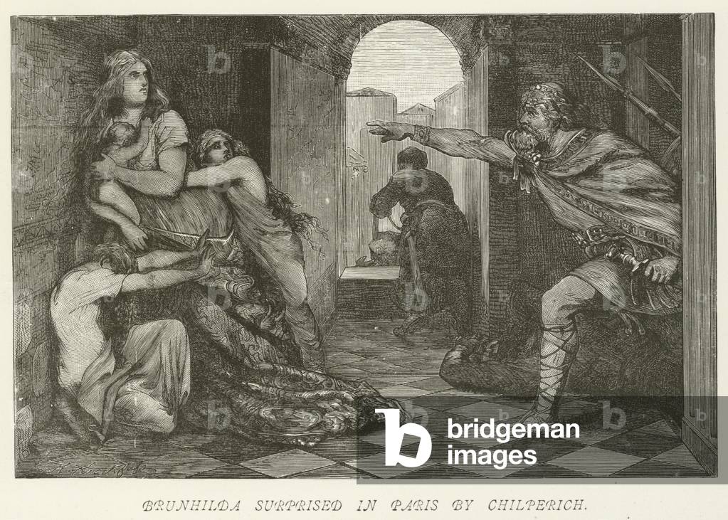 "Brunhilda sorpreso a Parigi da Chilperich (incisione)" di German School, b/w