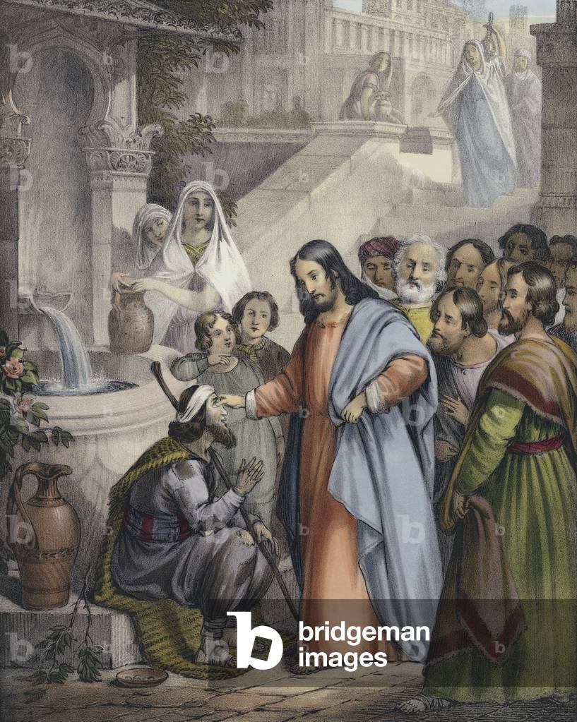 Gesù dà la vista a un cieco nato (incisione colorata)