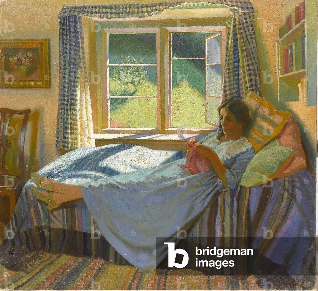 Die Frau des Künstlers, Evelyn, Stricken auf einem Tagesbett, 1934 (Öl auf Leinwand)