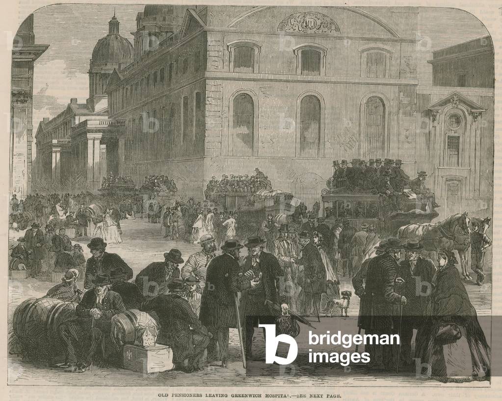 Vecchi pensionati che lasciano Greenwich Hospital (incisione)