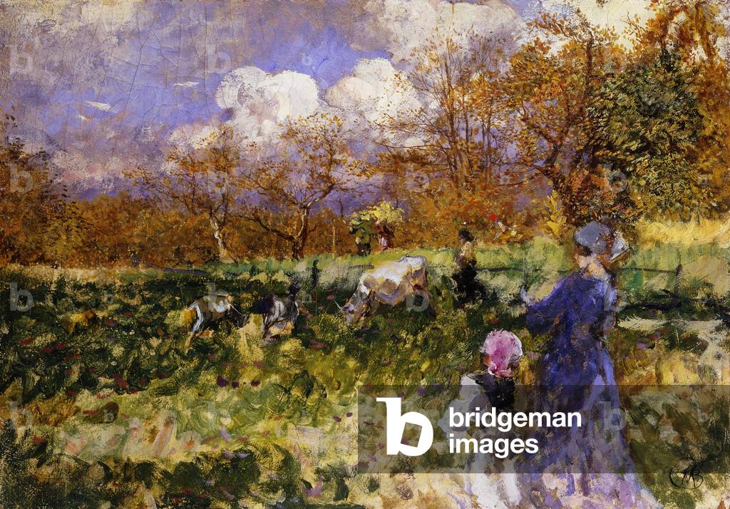 Image of Painting depicting In the Meadow; Women and Children Driving Goats by Mose Bianchi