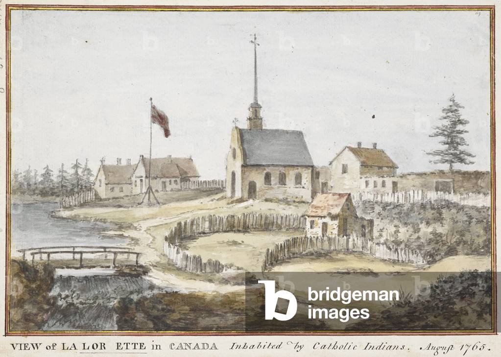 "Eine Brücke und ein Wasserfall auf der linken Seite; eine Flagge"