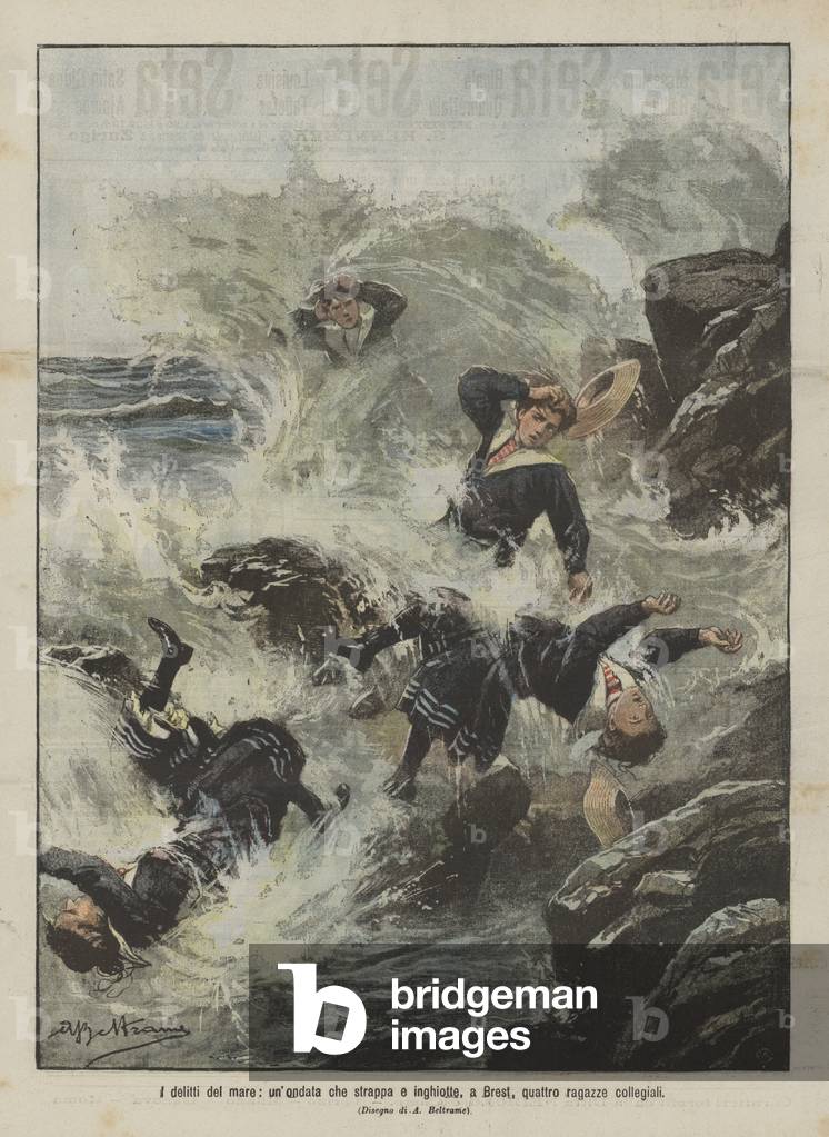 I delitti del mare, un'ondata che strappa e inghiotte, a Brest, quattro ragazze collegiali (colour litho)