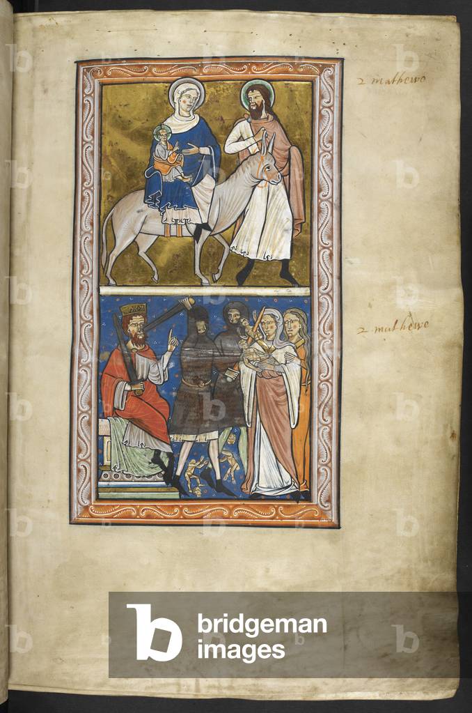 Miniature from the prefatory cycle of the Flight into Egypt in the upper register, and the Massacre of the Inn