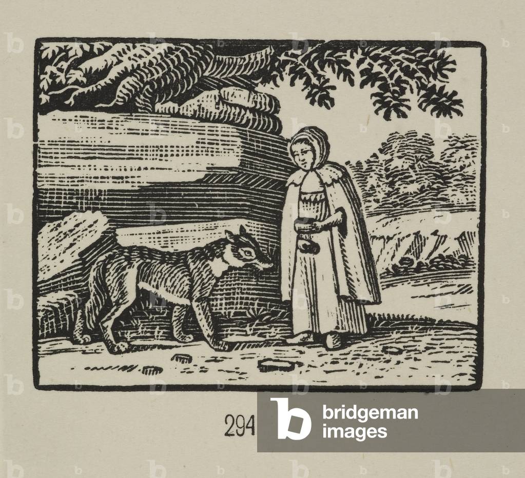 "Eine Geschichte. Rotkäppchen treffen auf den großen bösen Wolf. Gravur.", b/w