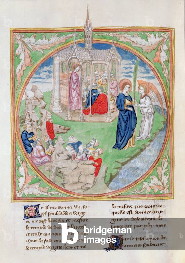 Ms.28/1378 fol.65v San Giovanni riceve una canna per misurare il Tempio di Dio, da 'Histoire extraite de la Bi