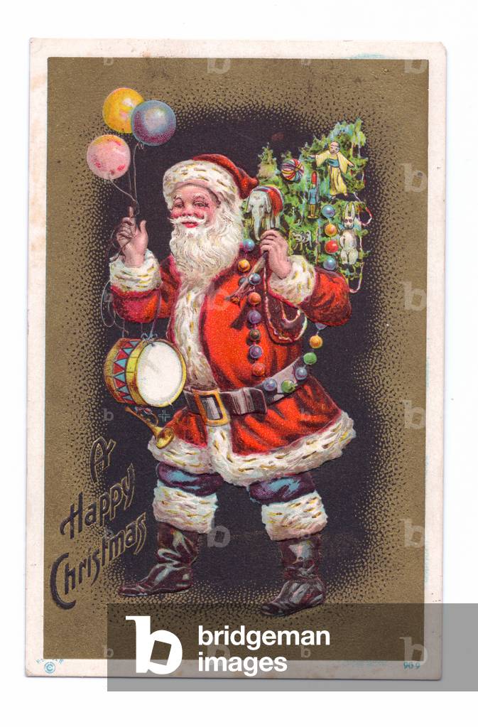 Edwardian Christmas postcard of Father Christmas carrying a Christmas tree and holding balloons by English Art