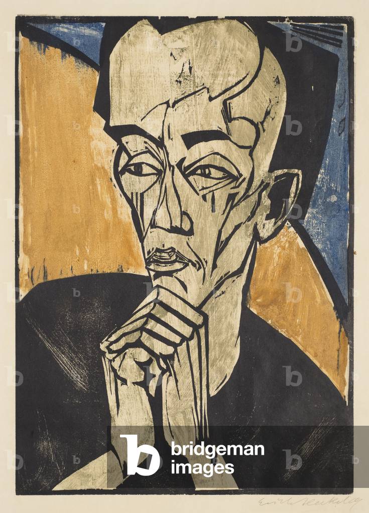 Portrait of a Man, 1918 (colour woodcut in green, blue, ochre & black on paper)