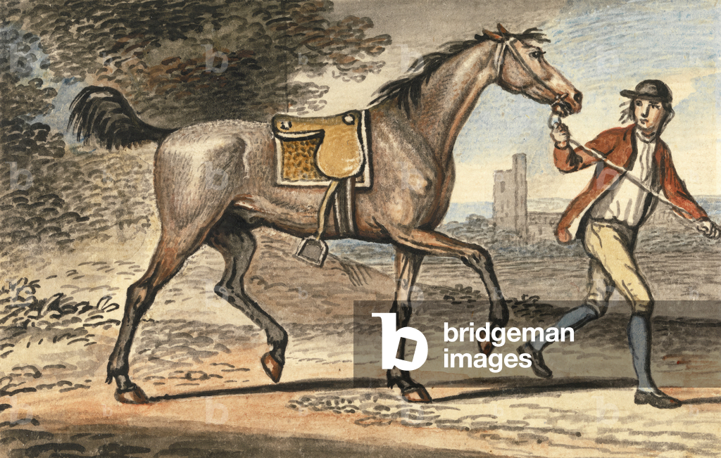 Stable boy leading a trotting Horse in a landscape with a castle tower (w/c on paper)
