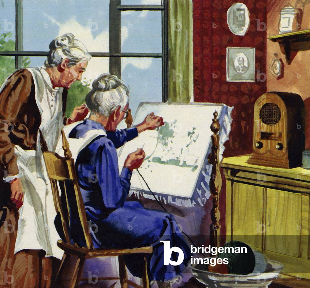 Anna Moses begann mit dem Nähen von Bildern aus bunter Wolle (Farblitho)