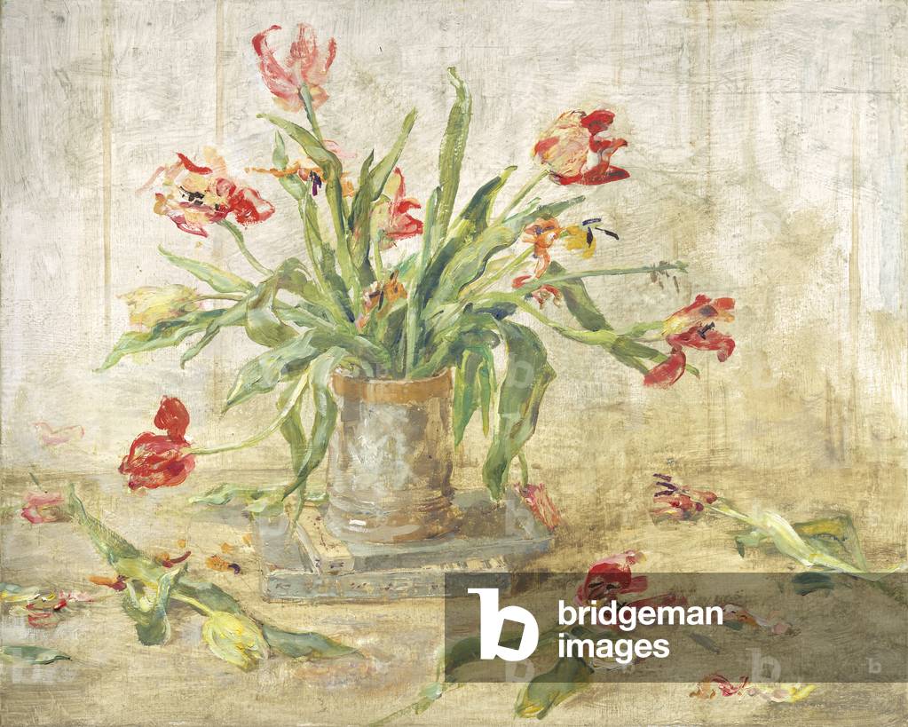 Tulipani rossi con stami, 2018 (olio su tavola)