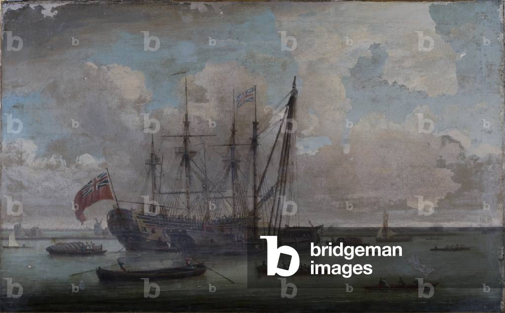 Image of Painting depicting A Sheer Hulk refitting an East Indiaman  (oil on canvas) by John the Elder Clevele