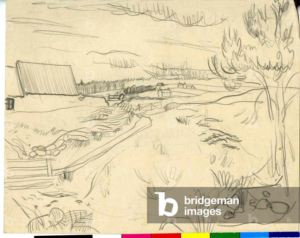 Image of Drawing depicting Landscape With Scattered Buildings - Sketch 1920 by William George Gillies