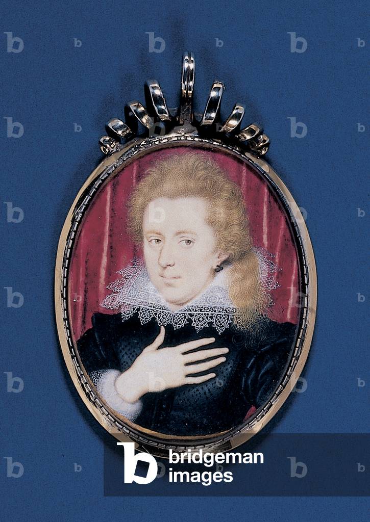 Ritratto miniatura di giovane gentiluomo, c.1615 (p/c su pergamena deposta su carta con cornice argento-dorata