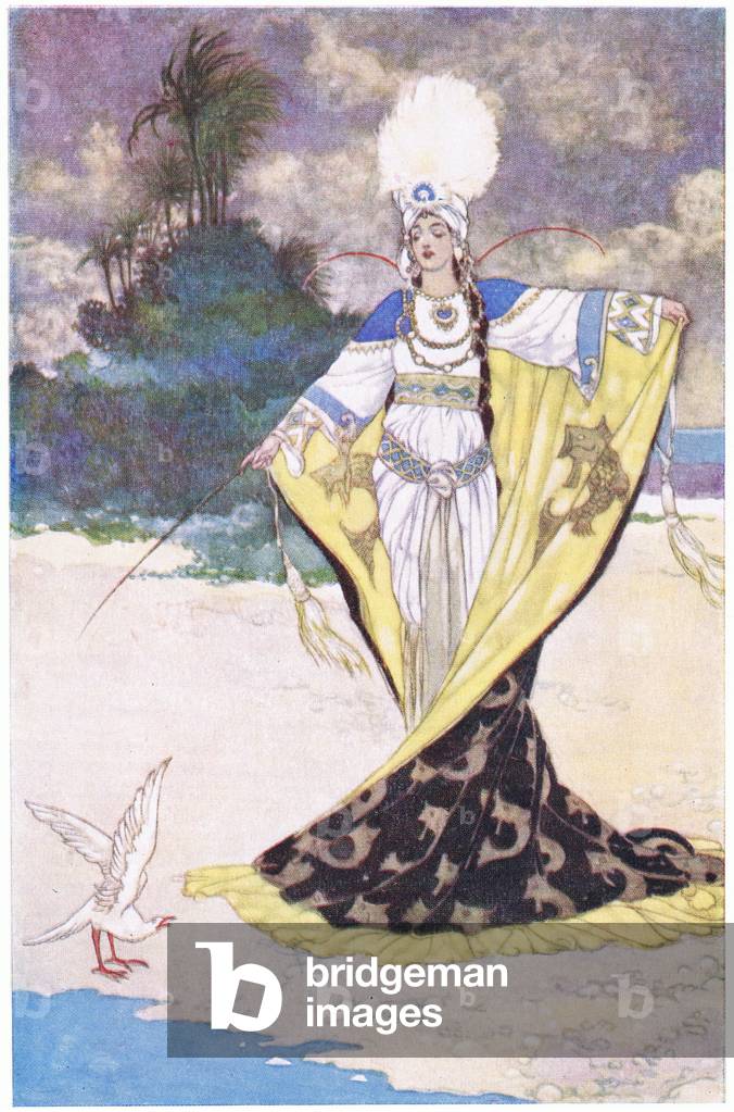 Prinzessin Giauhara verwandelt König Beder in einen weißen Vogel, 1930er Jahre (Farbe litho)