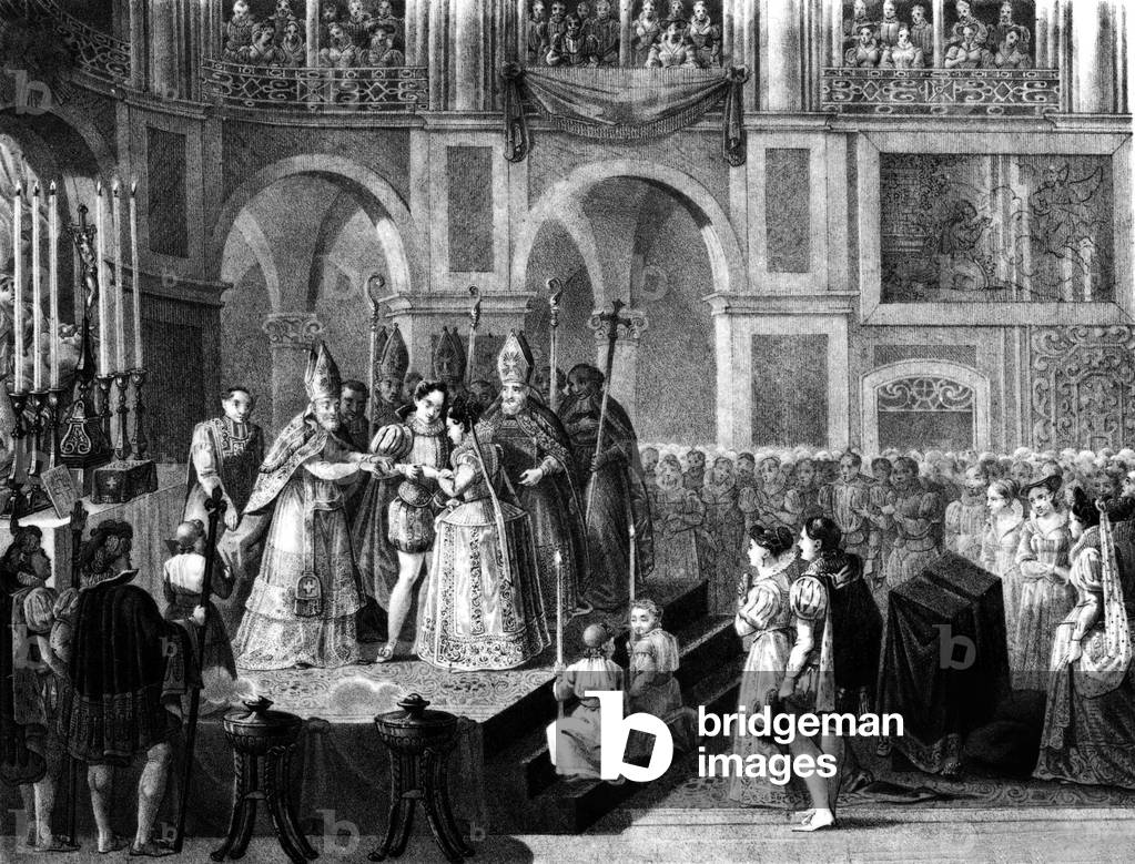matrimonio del re Enrico di Navarra (futuro re Enrico IV di Francia) e Margherita di Valois nel 1572, incision