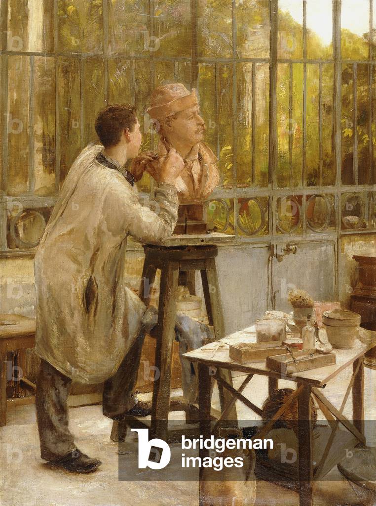 Image de Peinture représentant Un sculpteur dans son studio par Edouard-Joseph Dantan, b/w