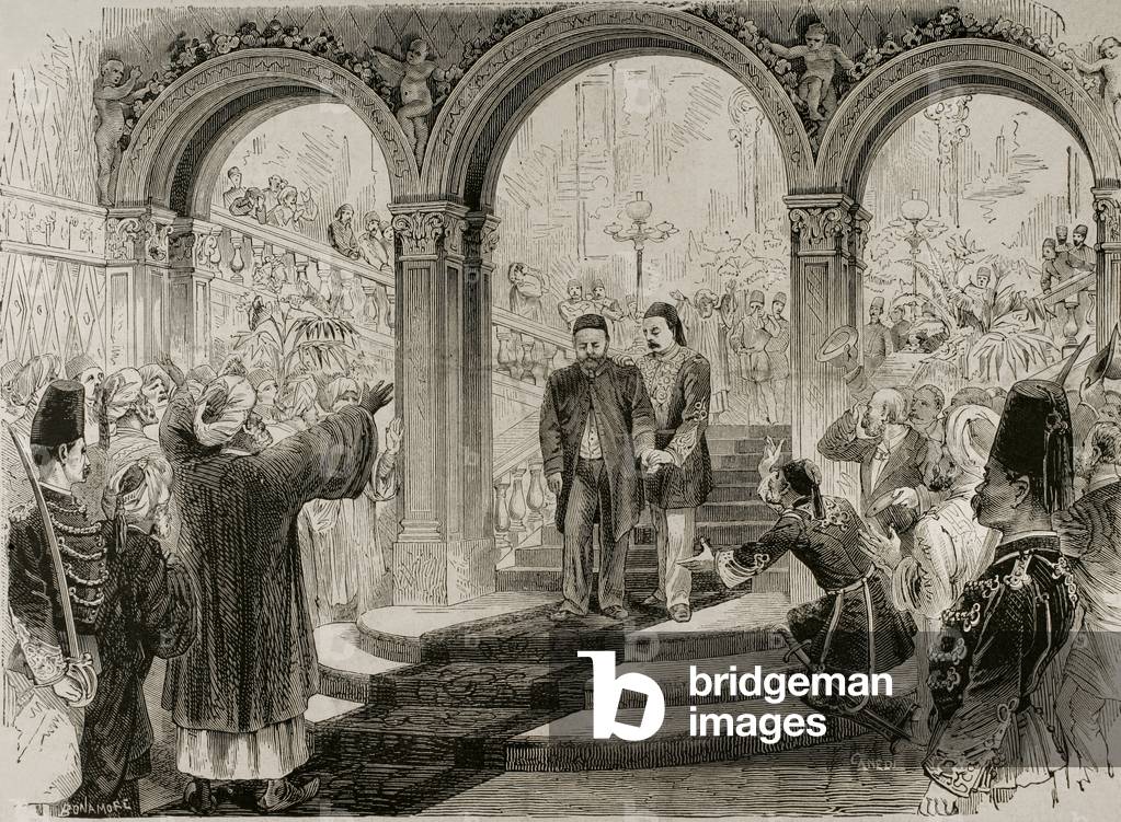 Der Khedive von Ägypten Ismail Pascha (1830-1895) verlässt den Ardine Palace, 30. Juni 1879. Kairo. Gravur.